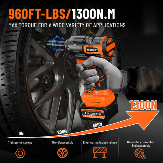 1300Nm Cordless Impact Wrench 960Ft-Lbs 1/2 Battery Impact Gun 2X 4.0Ah Battery