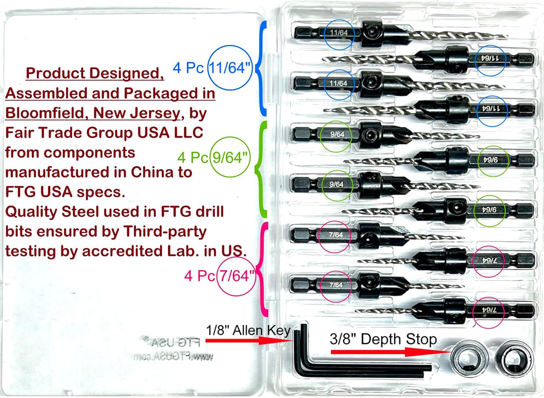 Countersink Drill Bit Set 4 Pc #4 (7/64"), 4 Pc #6 (9/64"), 4Pc #8 (11/64") with Tapered Drill Bits, Depth Stop and Storage Container