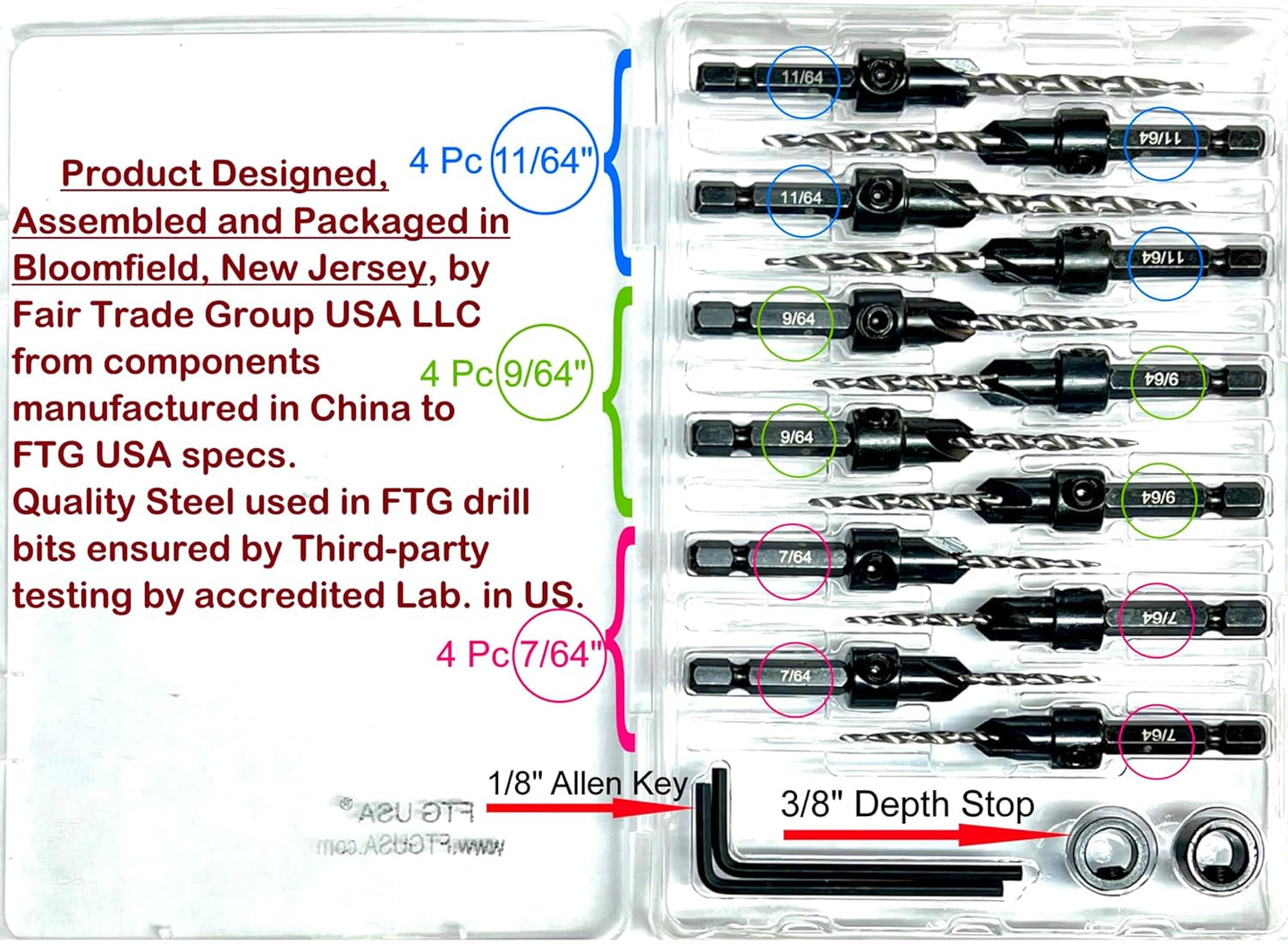Countersink Drill Bit Set 4 Pc #4 (7/64"), 4 Pc #6 (9/64"), 4Pc #8 (11/64") with Tapered Drill Bits, Depth Stop and Storage Container