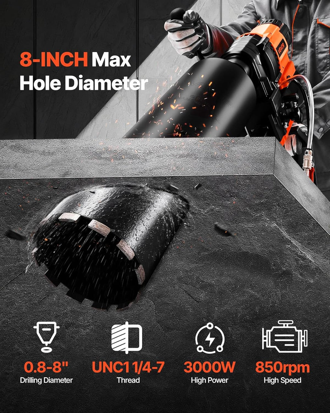 Diamond Core Drilling Machine, 0.8-8 in Drilling Diameter, Stand-Mount Dry and Wet Concrete Core Drill Rig with 8 Drill Bits, 800 RPM Speed, UNC1 1/4-7 Thread, for Concrete Brick Stone, 3000W