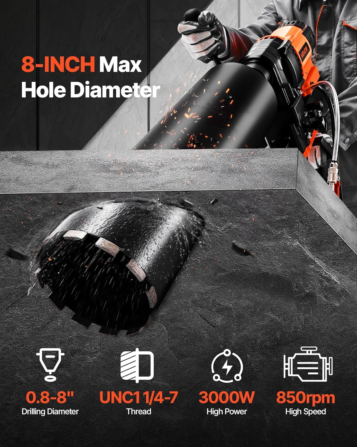 Diamond Core Drilling Machine, 0.8-8 in Drilling Diameter, Stand-Mount Dry and Wet Concrete Core Drill Rig with 8 Drill Bits, 800 RPM Speed, UNC1 1/4-7 Thread, for Concrete Brick Stone, 3000W