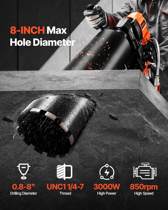 Diamond Core Drilling Machine, 0.8-8 in Drilling Diameter, Stand-Mount Dry and Wet Concrete Core Drill Rig with 8 Drill Bits, 800 RPM Speed, UNC1 1/4-7 Thread, for Concrete Brick Stone, 3000W