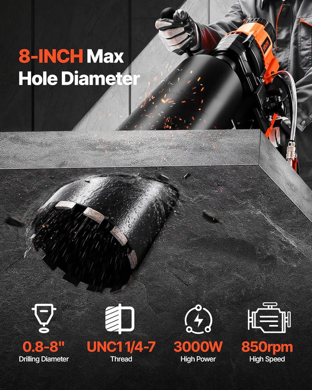 Diamond Core Drilling Machine, 0.8-8 in Drilling Diameter, Stand-Mount Dry and Wet Concrete Core Drill Rig with 8 Drill Bits, 800 RPM Speed, UNC1 1/4-7 Thread, for Concrete Brick Stone, 3000W