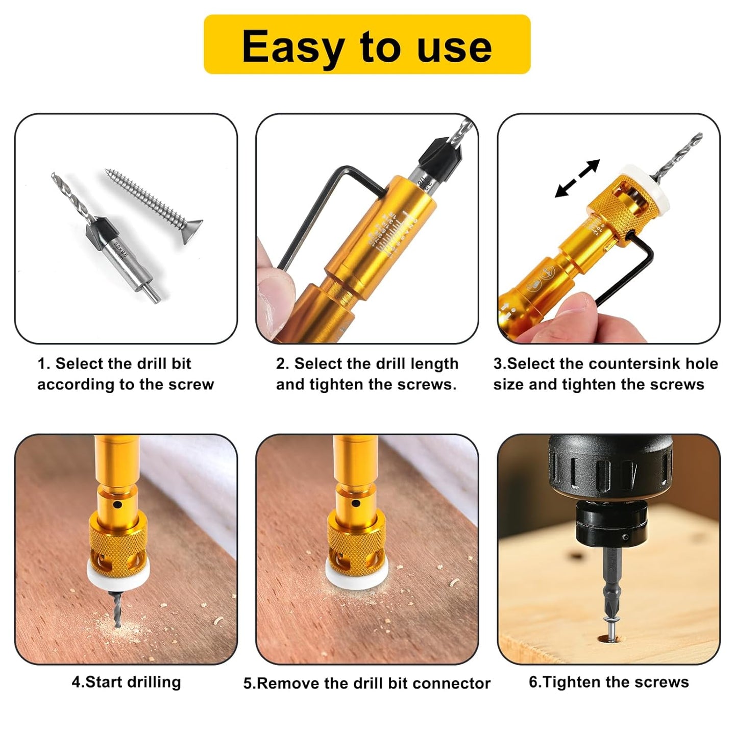 5PCS Countersink Drill Bit Set with Low Friction Depth Stop & Replaceable HSS M2 Drill Bit, Counter Sink Drill Bit for Wood, Plastic, Woodworking, with 1/4" Quick Change Hex Shank & Case