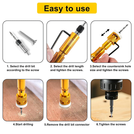 5PCS Countersink Drill Bit Set with Low Friction Depth Stop & Replaceable HSS M2 Drill Bit, Counter Sink Drill Bit for Wood, Plastic, Woodworking, with 1/4" Quick Change Hex Shank & Case