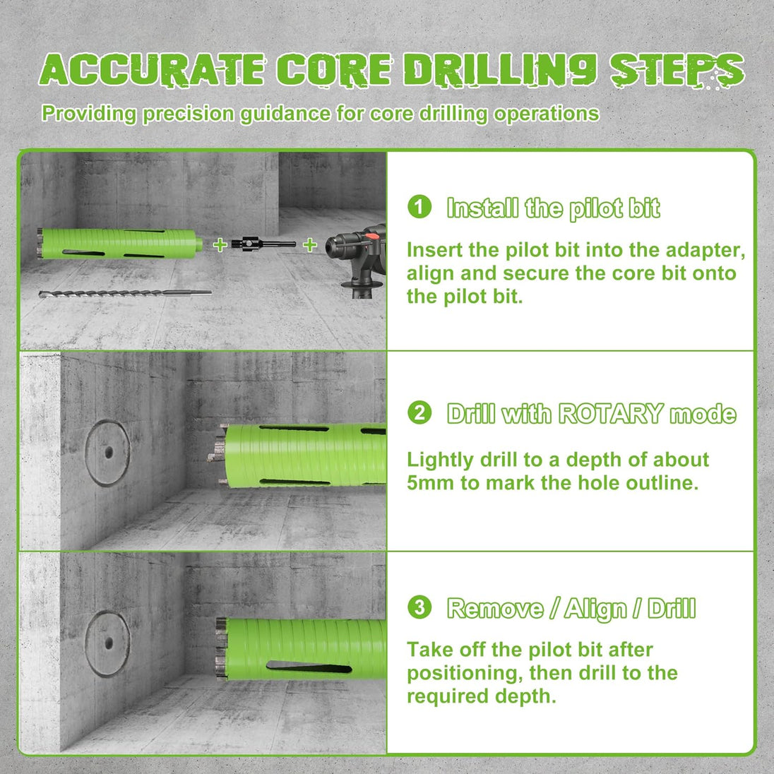 2 1/2 Inch Dry Core Drill Bit with Pilot Bit and 2 Pcs Adapters (SDS plus Adapter&Hex Adapter), 5/8"-11 Threaded Diamond Core Bit for Concrete/Brick/Masonry, 10" Drilling Depth