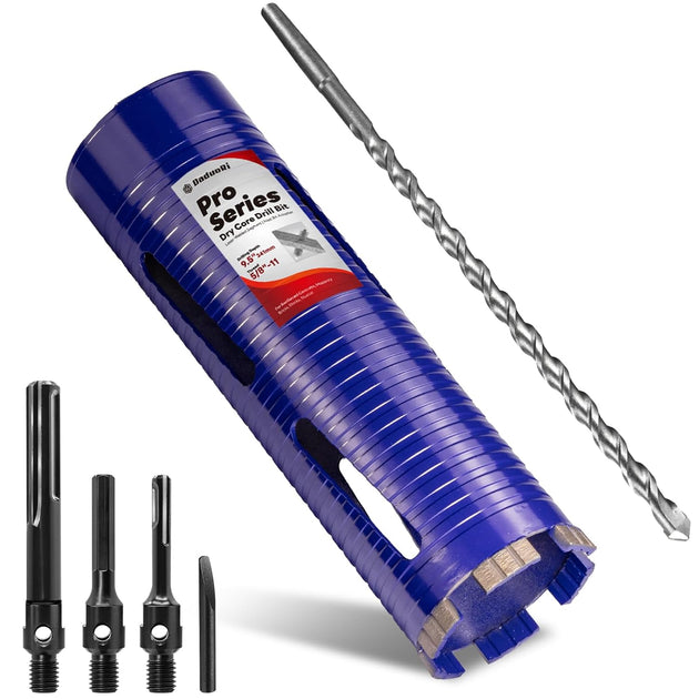 3" Pro Dry Core Drill Bit with Pilot Bit & 3 Adapters (SDS Plus/Sds Max/1/2 Hex), Upgraded-Welded Blade Core Bits for Concrete with Rebar, Masonry, Brick, Mortar - 9.5" Depth, 5/8"-11 Thread