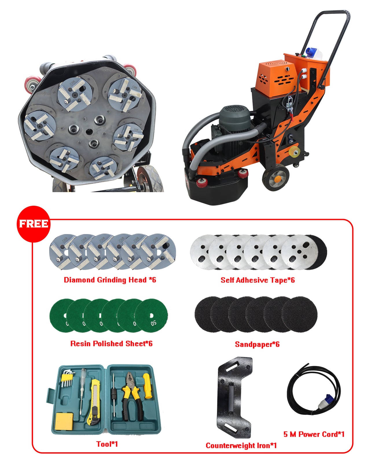 220V Concrete Floor Grinder Polishing Machine W/ 30L Dust Bucket 6 Grinding Head