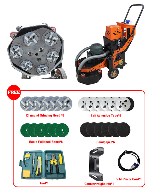 220V Concrete Floor Grinder Polishing Machine W/ 30L Dust Bucket 6 Grinding Head
