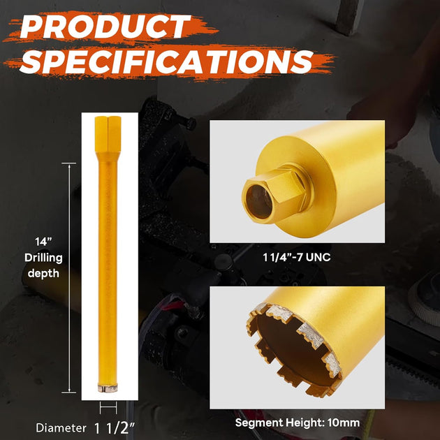 1 1/2 Inch Wet Core Drill Bit, 1.5" Core Bits for Concrete, 14" Drilling Depth, 1-1/4"-7 Thread Diamond Core Drill for Cured Concrete, Hard Masonry, Brick, Solid Cement, Stucco, Stone (38Mm)