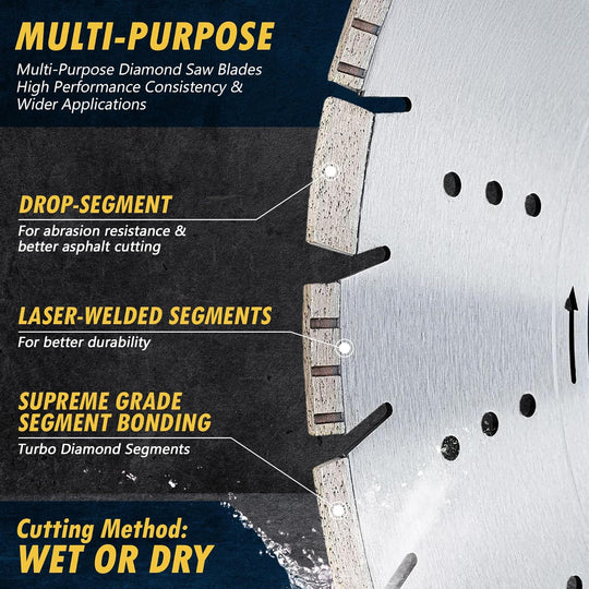 20" All Purpose Diamond Saw Blades for Hard/Reinforced Concrete, Asphalt, Granite, Terrazzo, Ductile Iron Piping, 7-5/8" Cutting Depth, 1" Arbor