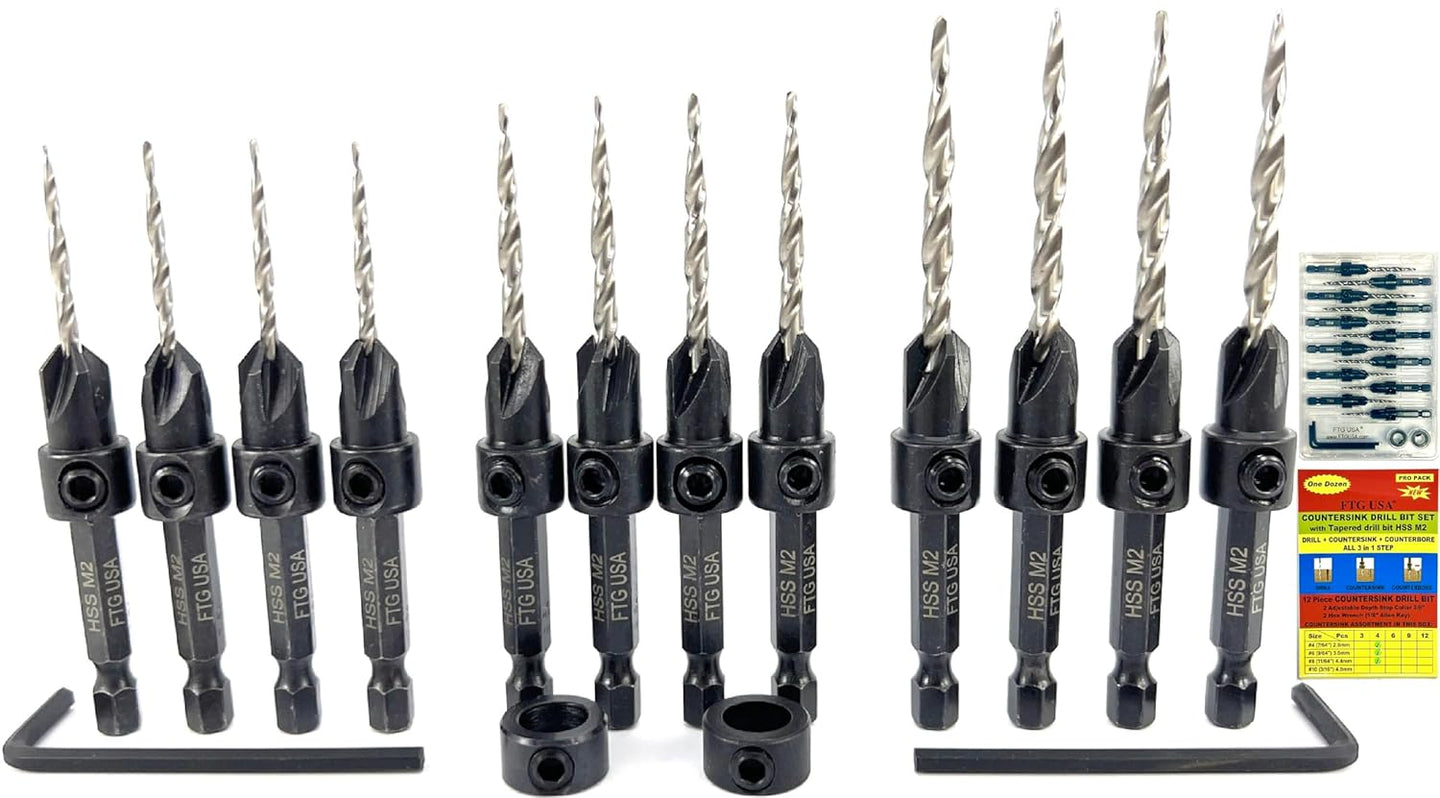 Countersink Drill Bit Set 4 Pc #4 (7/64"), 4 Pc #6 (9/64"), 4Pc #8 (11/64") with Tapered Drill Bits, Depth Stop and Storage Container