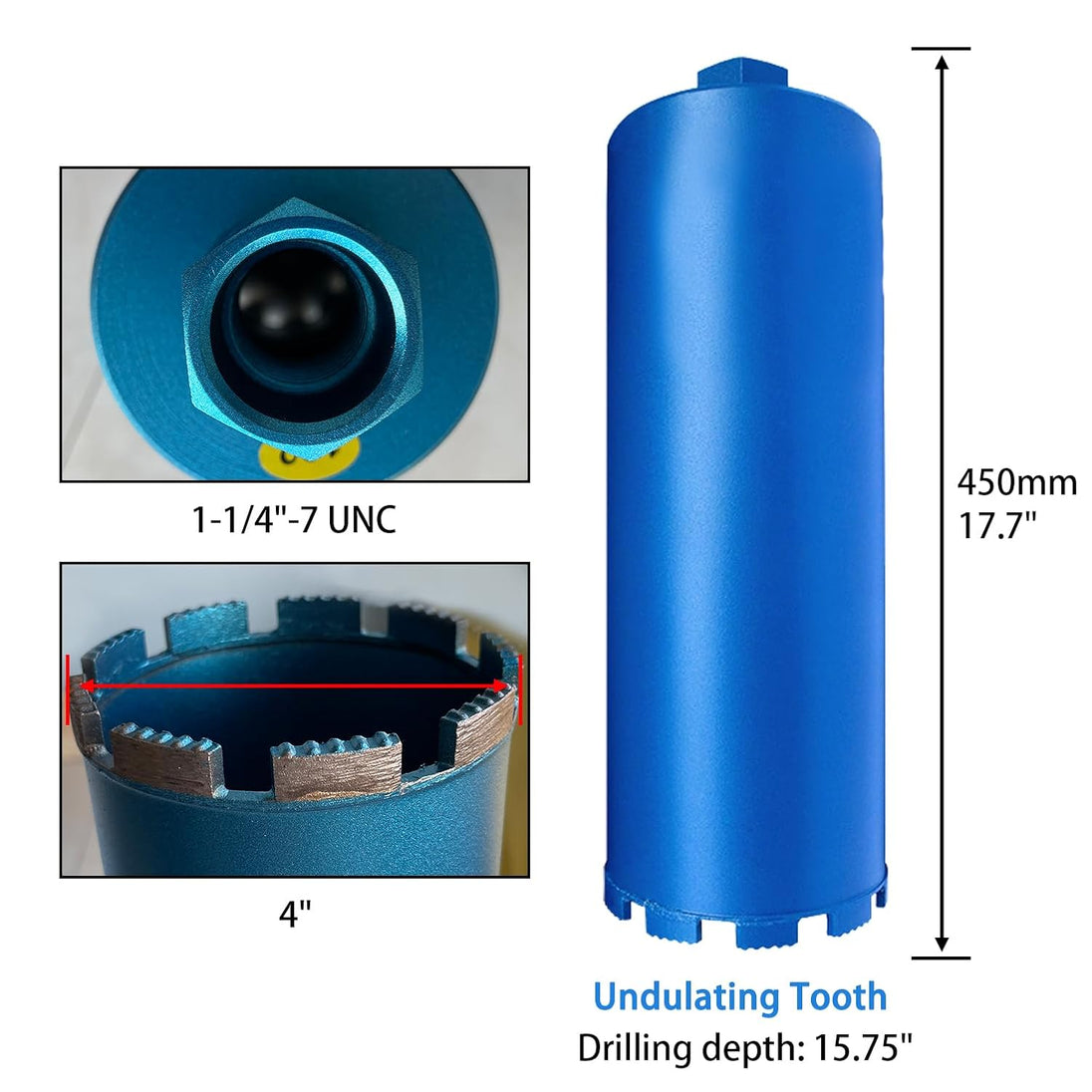 4" Wet Core Drill Bits with 1-1/4"-7 Thread Featuring 15.74" Drilling Depth 10Mm Diamond Segment Specifically Designed for Heavy-Duty Applications in Reinforced Concrete Brick and Masonry