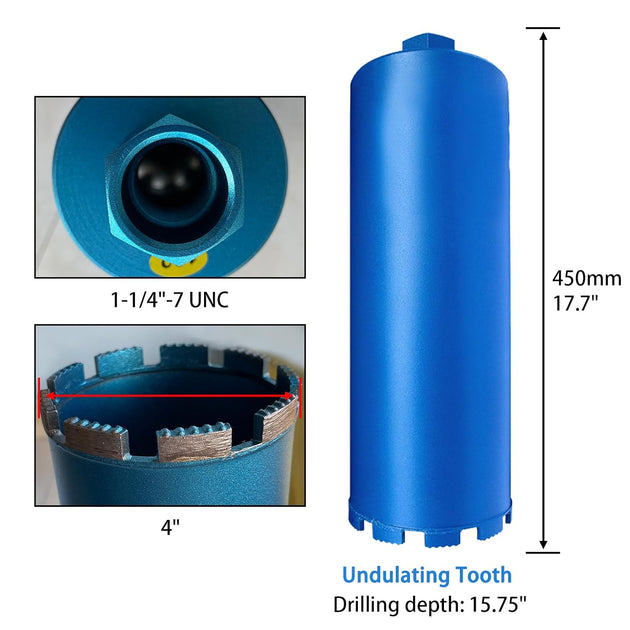 4" Wet Core Drill Bits with 1-1/4"-7 Thread Featuring 15.74" Drilling Depth 10Mm Diamond Segment Specifically Designed for Heavy-Duty Applications in Reinforced Concrete Brick and Masonry