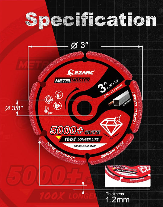 Diamond Cutting Wheel 3 X 3/8 Inch, 5000+ Cuts on Metal, 2 Pack, Gray, Die Grinder, Diamond Material