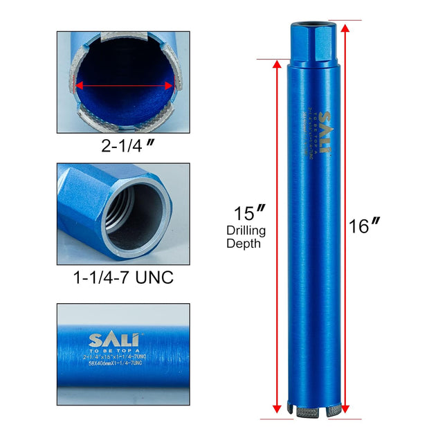 Wet Diamond Core Drill Bits 2-1/4"/57Mm Diameter, 15"/380Mm Drilling Depth Concrete Core Drill Bit, 1-1/4-7" Thread Core Bit Turbo Laser-Welded Segments with Rebar, Brick, Block, Masonry, Stone