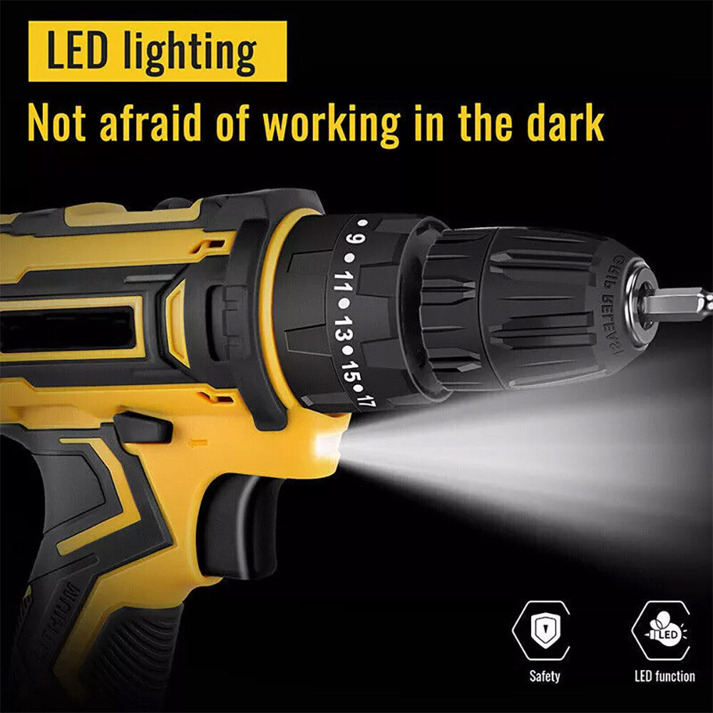 21V Cordless Hammer Drill Set Electric Impact Driver Screwdriver with 2 Battery