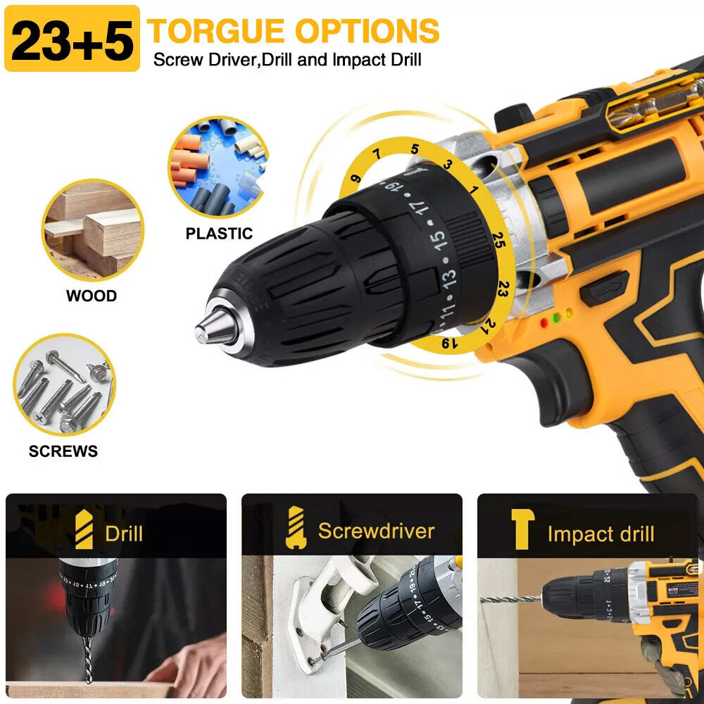 21V Cordless Hammer Drill Set Electric Impact Driver Screwdriver with 2 Battery