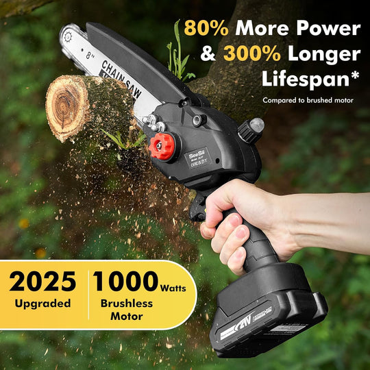 Mini Chainsaw Cordless 8 Inch: Electric Chainsaw Battery Powered, Brushless Chain Saw with Auto Oiler, 2Pcs Battery, Handheld Saw for Tree Branch Wood Cutting,Gardening Tools for Men Dad Husband