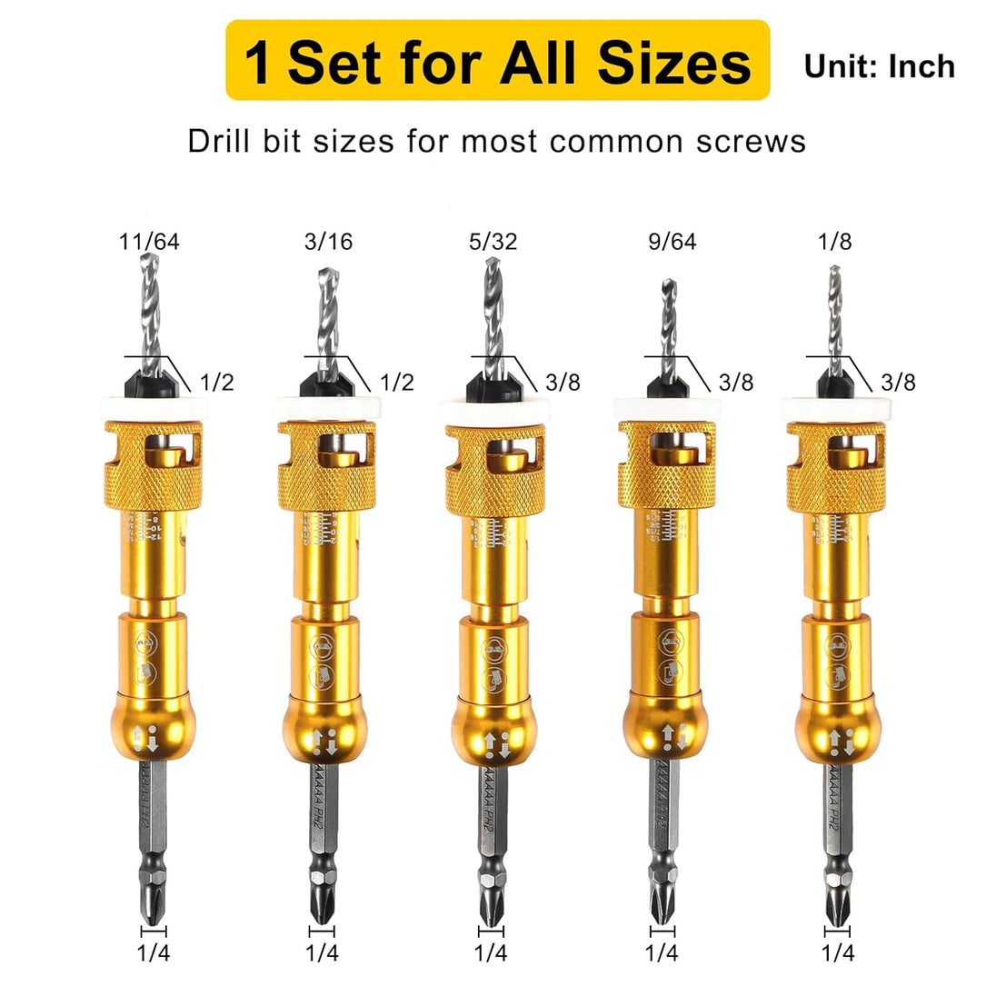 5PCS Countersink Drill Bit Set with Low Friction Depth Stop & Replaceable HSS M2 Drill Bit, Counter Sink Drill Bit for Wood, Plastic, Woodworking, with 1/4" Quick Change Hex Shank & Case