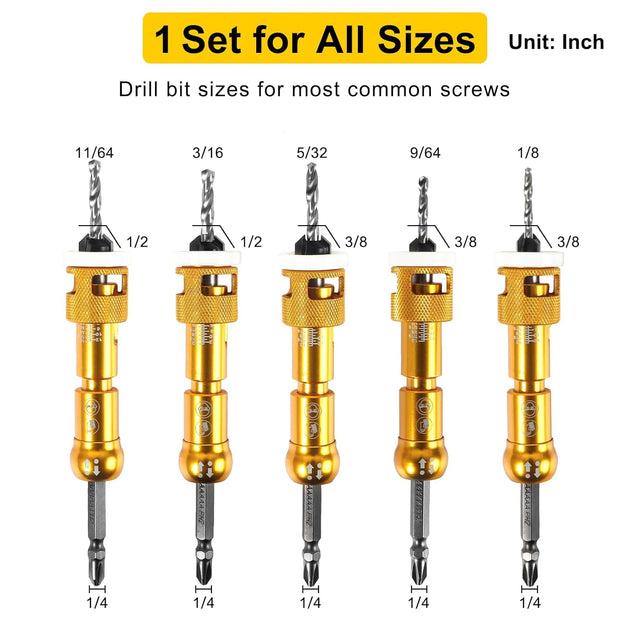 5PCS Countersink Drill Bit Set with Low Friction Depth Stop & Replaceable HSS M2 Drill Bit, Counter Sink Drill Bit for Wood, Plastic, Woodworking, with 1/4" Quick Change Hex Shank & Case