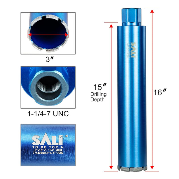Wet Diamond Core Drill Bits 3"/77Mm Diameter, 15"/380Mm Drilling Depth Concrete Core Drill Bit, 1-1/4-7" Thread Core Bit Turbo Laser-Welded Segments with Rebar, Brick, Block, Masonry, Stone