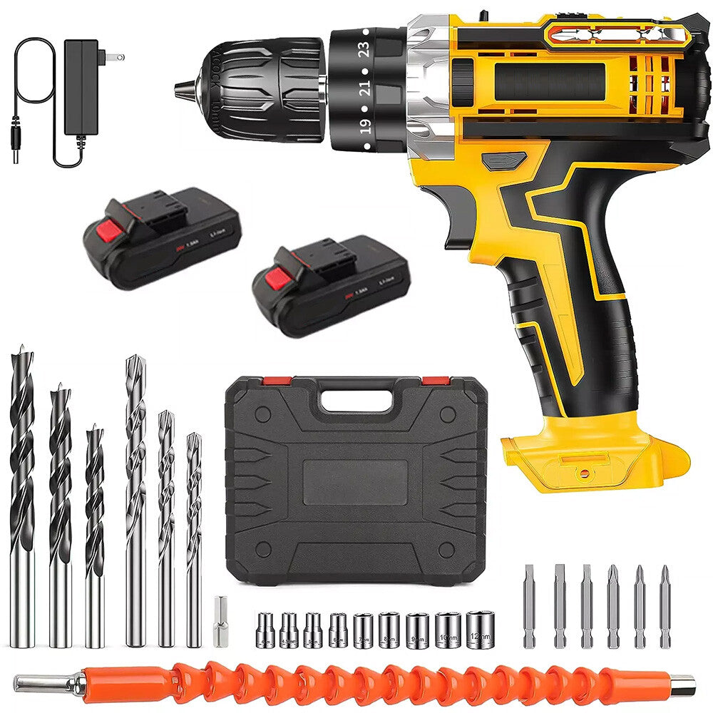 21V Cordless Hammer Drill Set Electric Impact Driver Screwdriver with 2 Battery