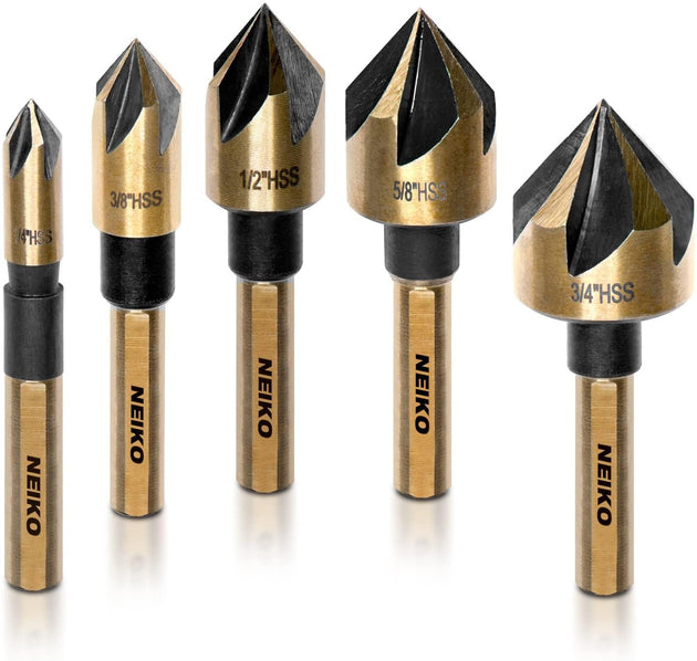 10218A Countersink Drill Bit Set for Wood and Metal, 1/4” Tri-Flat Shank, 5 Piece Countersink Bits, M2 High Speed Steel