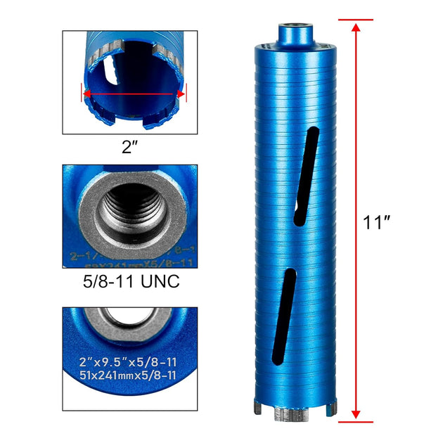 Diamond Core Drill Bits 2" Diameter 10"/254Mm Drilling Depth 5/8-11" Thread Core Bit Turbo Laser-Welded Segments for Cured Concrete With, Brick, Block, Masonry, with Two Adapters