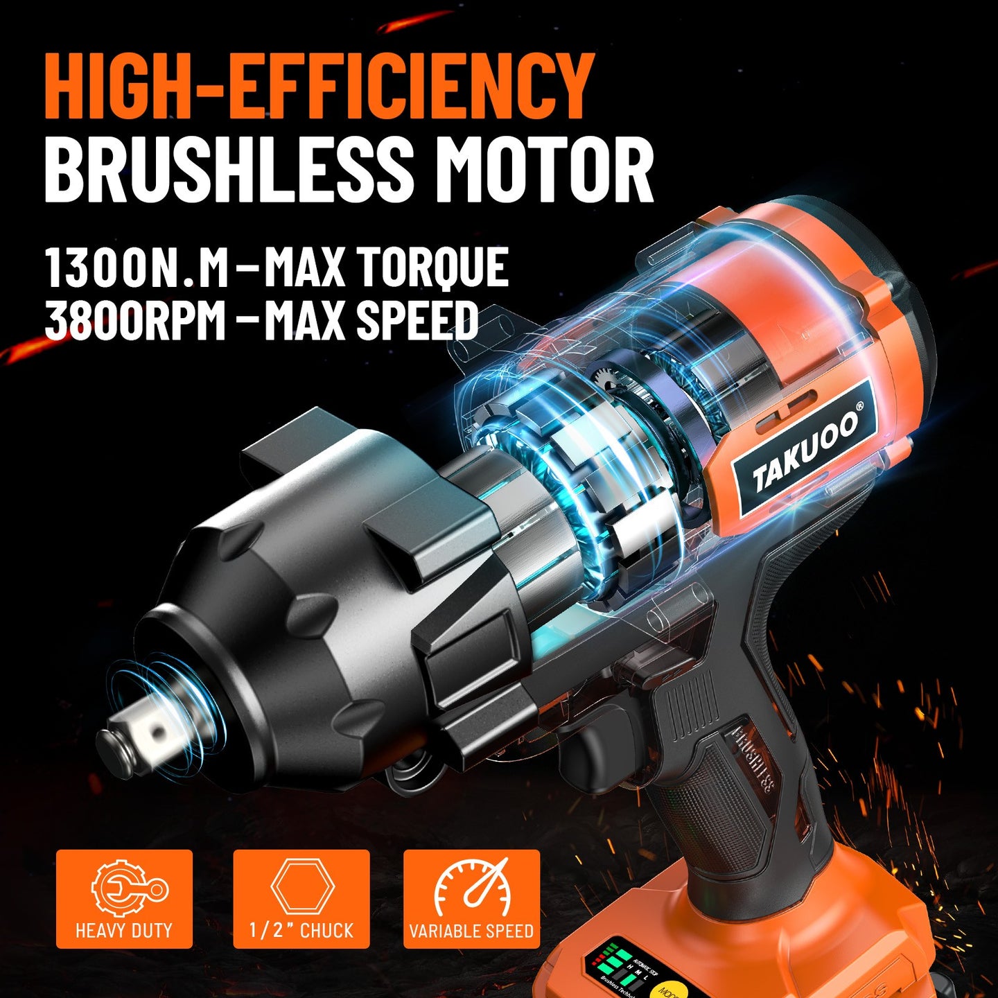 1300Nm Cordless Impact Wrench 960Ft-Lbs 1/2 Battery Impact Gun 2X 4.0Ah Battery