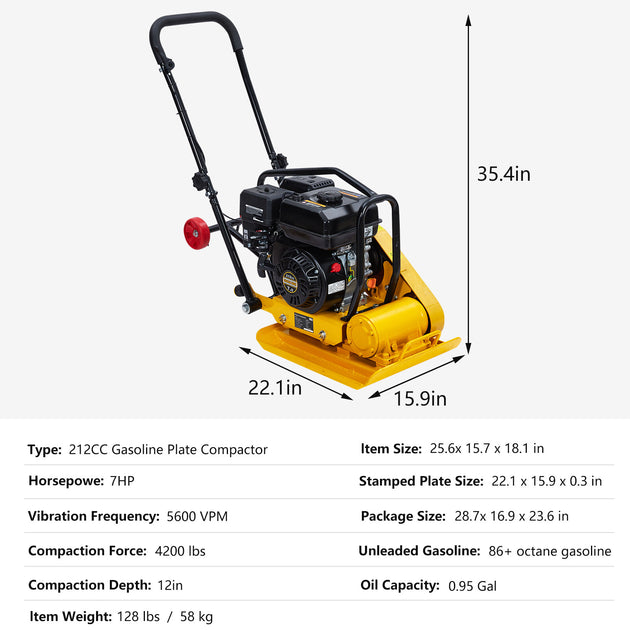 Walk-Behind Vibratory Plate Compactor Rammer 7.0HP 212Cc Gas Engine Soil Tamper