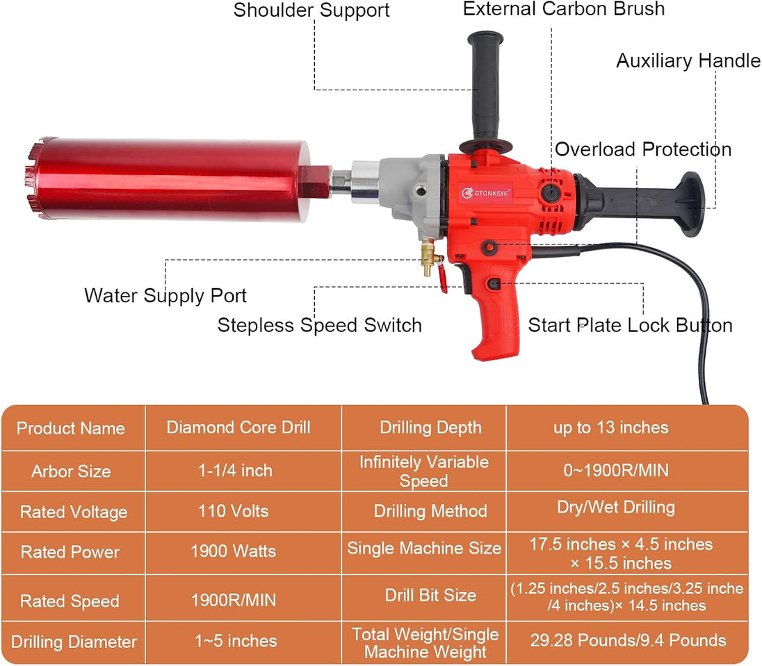 Diamond Core Drilling Machine, Handheld Dry and Wet Core Drill Rig, 1-1/4"Threaded Shaft, Equipped with Wet Drill Bits 1.25", 2.5", 3.25",4"And Water Pump Set, for Concrete Bricks and Stones