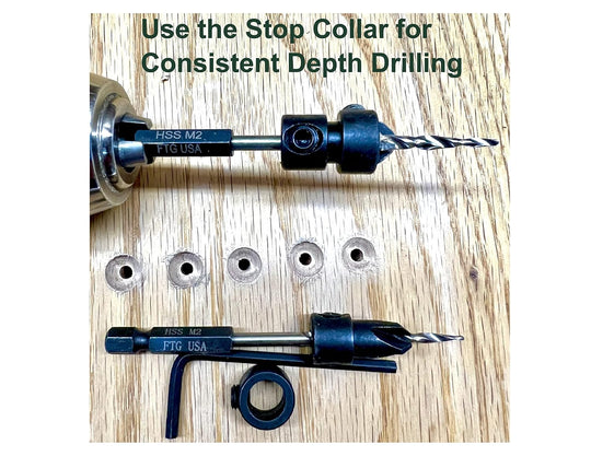 Countersink Drill Bit Set 4 Pc #4 (7/64"), 4 Pc #6 (9/64"), 4Pc #8 (11/64") with Tapered Drill Bits, Depth Stop and Storage Container