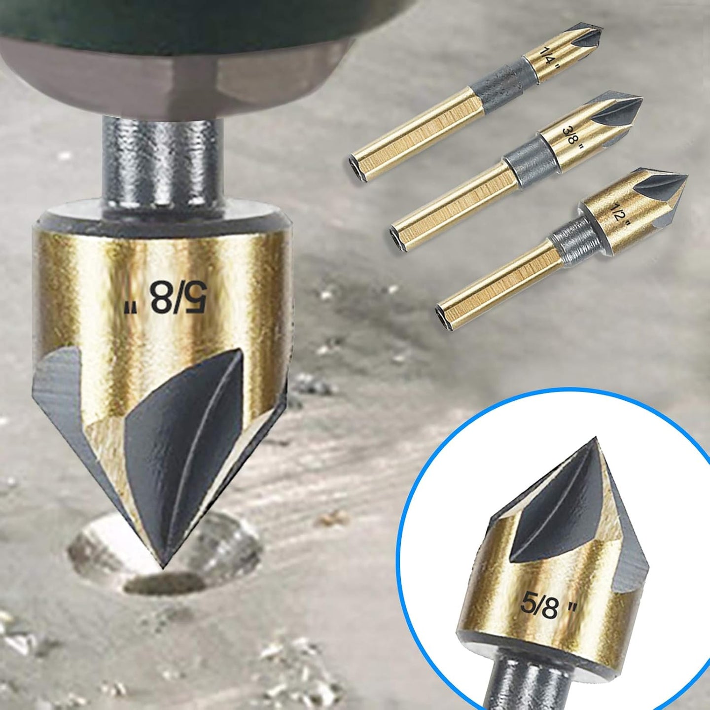 Countersink Drill Bit Set, 5 Pieces High Speed Steel 82 Degree 5 Flute 6Mm round Shank Mill Cutter Bit Countersink in Sizes 1/4” 3/8” 1/2” 5/8” 3/4” Set with Carrying Case