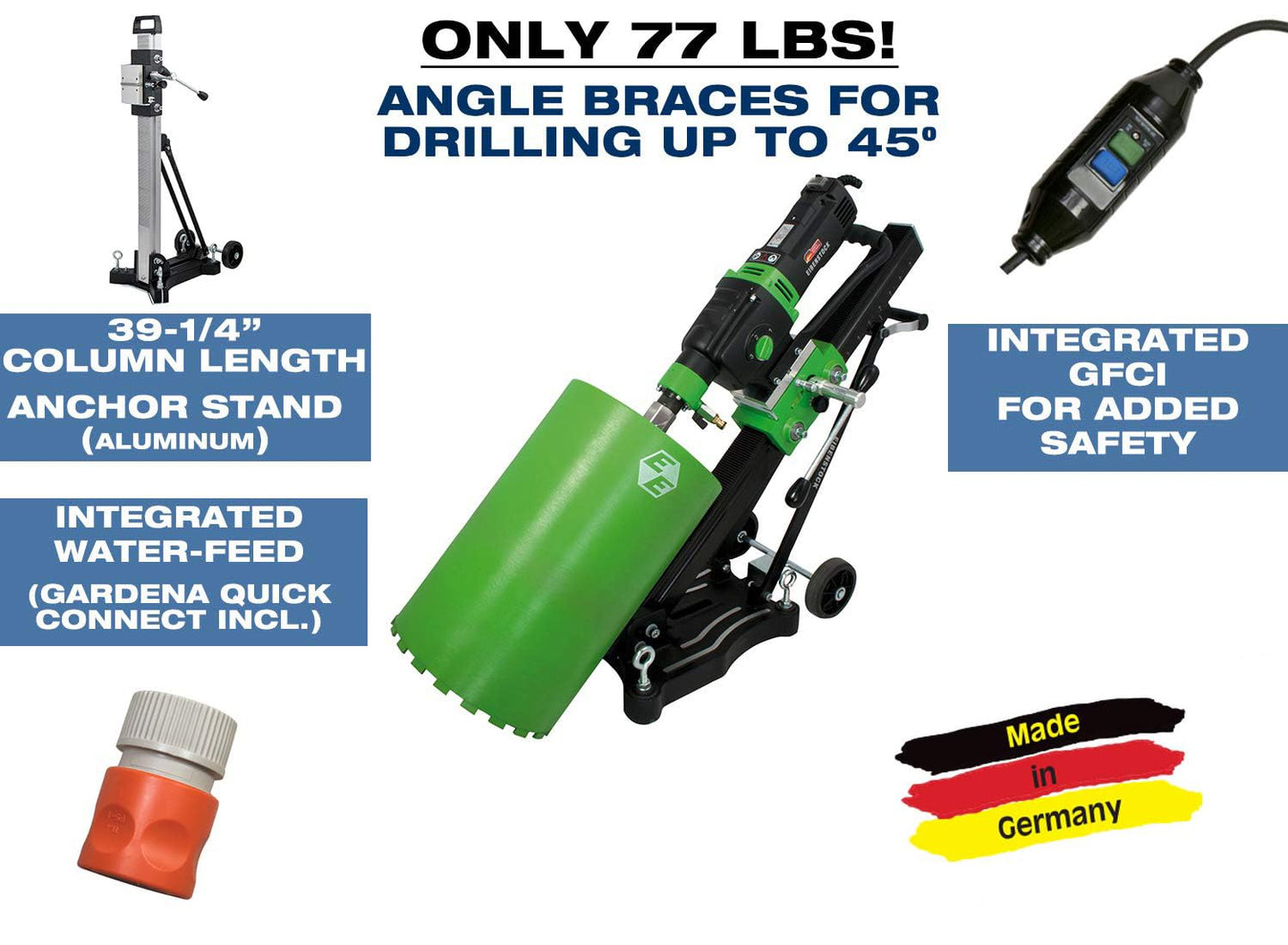 | EBM 352/3 PSA | 14" Capacity, 110 V, Concrete Core Drilling Rig with Anchor Stand. Wet Diamond Core Drill - 3-Speed for Concrete, Brick, Block, Asphalt, and Stone - Made in Germany