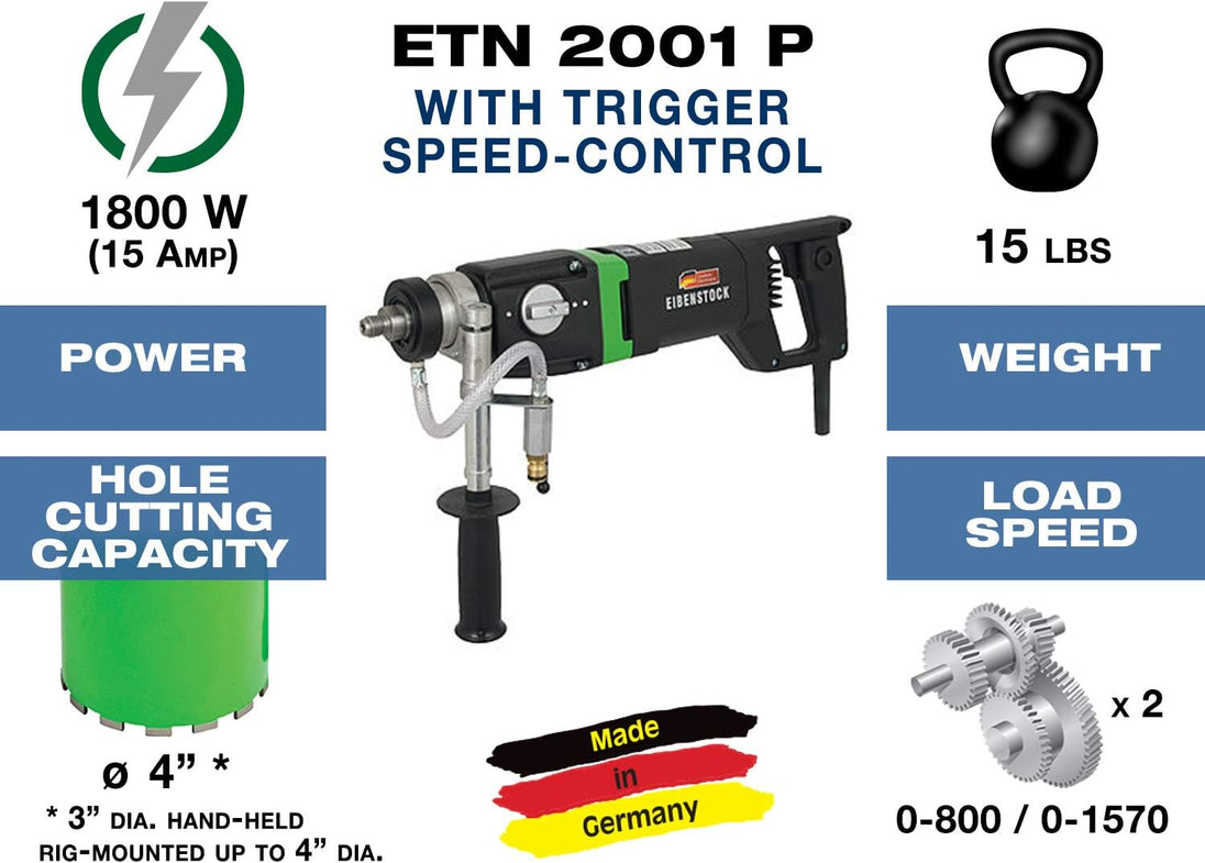 | ETN 2001 P | Wet & Dry Diamond Core Drill. High-Torque, Heavy-Duty, Hand-Held, and Dual-Speed. Ideal for Drilling up to 3” in Diameter in Brick, Concrete, and Asphalt – Made in Germany