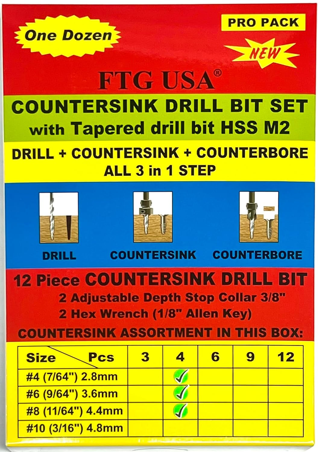 Countersink Drill Bit Set 4 Pc #4 (7/64"), 4 Pc #6 (9/64"), 4Pc #8 (11/64") with Tapered Drill Bits, Depth Stop and Storage Container