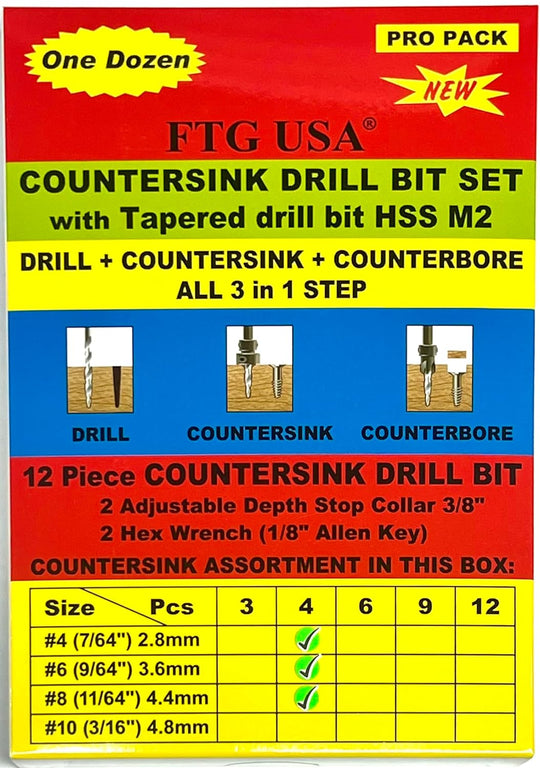 Countersink Drill Bit Set 4 Pc #4 (7/64"), 4 Pc #6 (9/64"), 4Pc #8 (11/64") with Tapered Drill Bits, Depth Stop and Storage Container