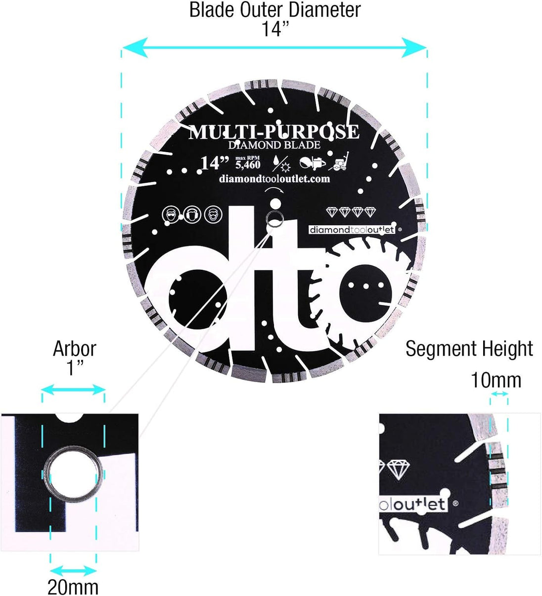 Dto SMP14P 14-Inch Premium Diamond Segmented Saw Blade for Multi-Purpose, Hard Concrete, Concrete, Asphalt, Brick, Block, 1-Inch Arbor, Wet or Dry Cutting, 5460 Max. RPM, 10Mm (.394") Segment Height