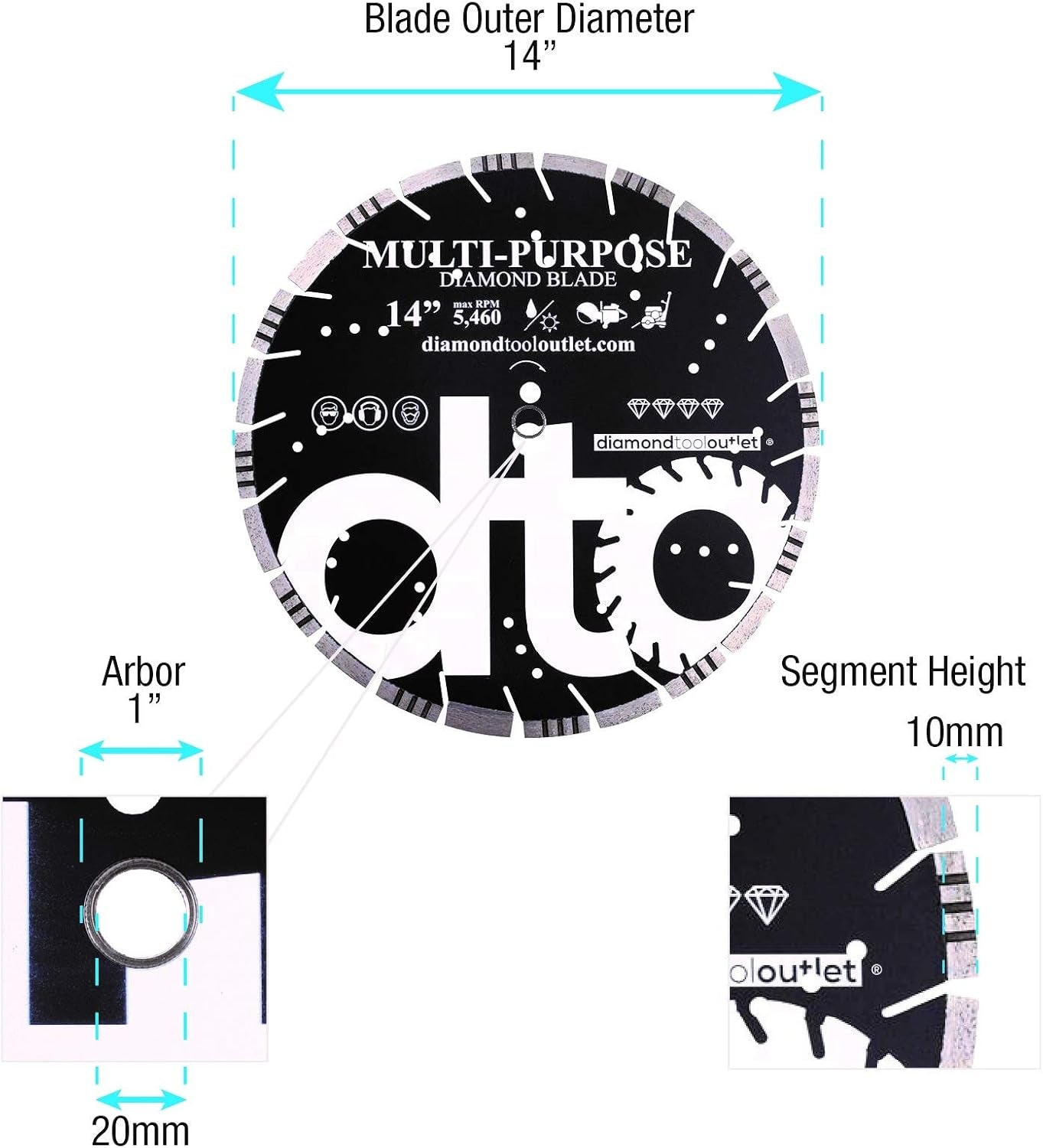 Dto SMP14P 14-Inch Premium Diamond Segmented Saw Blade for Multi-Purpose, Hard Concrete, Concrete, Asphalt, Brick, Block, 1-Inch Arbor, Wet or Dry Cutting, 5460 Max. RPM, 10Mm (.394") Segment Height