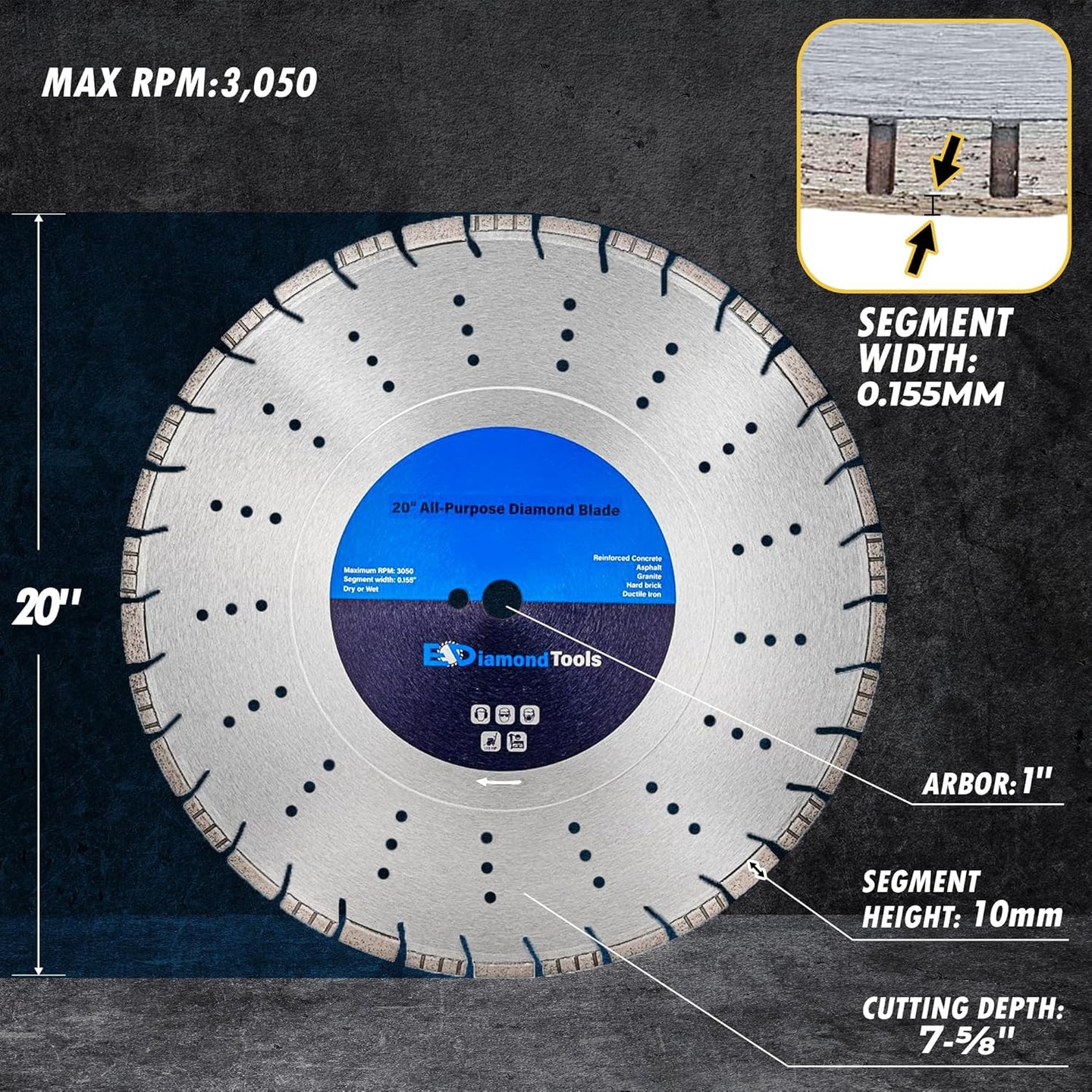 20" All Purpose Diamond Saw Blades for Hard/Reinforced Concrete, Asphalt, Granite, Terrazzo, Ductile Iron Piping, 7-5/8" Cutting Depth, 1" Arbor