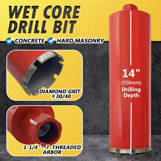 3" Wet Drill Core Bits for Concrete and Hard Masonry, 10Mm Segment Height, 14" Drilling Depth, 1-1/4"-7 Arbor, Wet Only