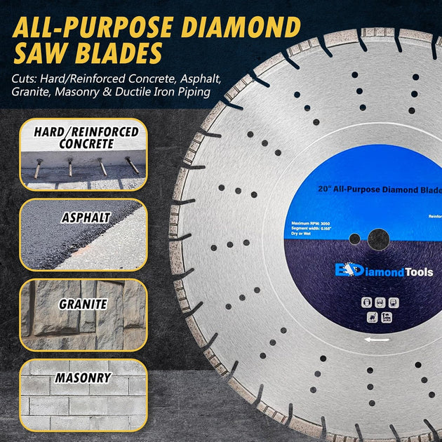 20" All Purpose Diamond Saw Blades for Hard/Reinforced Concrete, Asphalt, Granite, Terrazzo, Ductile Iron Piping, 7-5/8" Cutting Depth, 1" Arbor