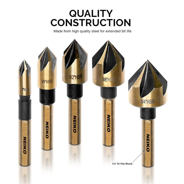10218A Countersink Drill Bit Set for Wood and Metal, 1/4” Tri-Flat Shank, 5 Piece Countersink Bits, M2 High Speed Steel