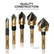 10218A Countersink Drill Bit Set for Wood and Metal, 1/4” Tri-Flat Shank, 5 Piece Countersink Bits, M2 High Speed Steel
