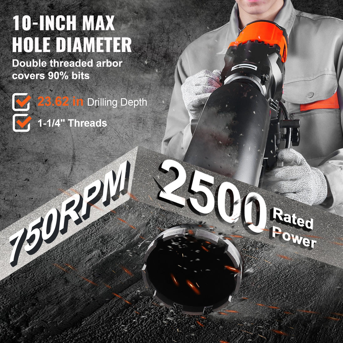 Diamond Core Drill Machine Concrete Core Drill Rig Casters 2500W 750RPM