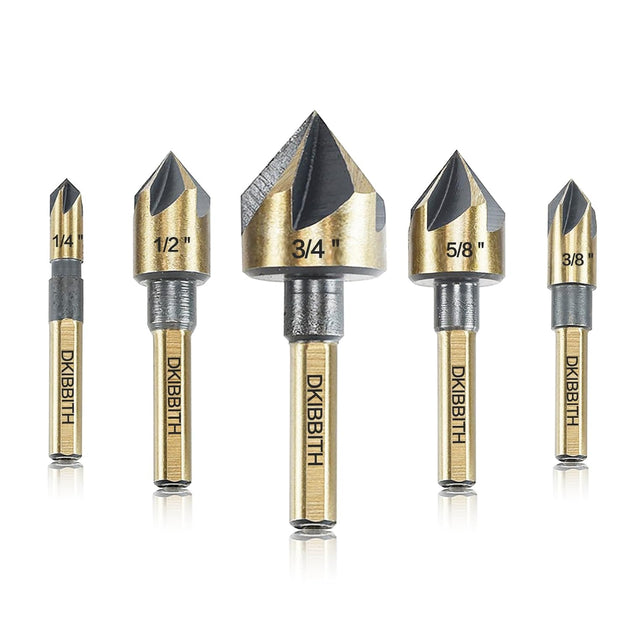Countersink Drill Bit Set, 5 Pieces High Speed Steel 82 Degree 5 Flute 6Mm round Shank Mill Cutter Bit Countersink in Sizes 1/4” 3/8” 1/2” 5/8” 3/4” Set with Carrying Case