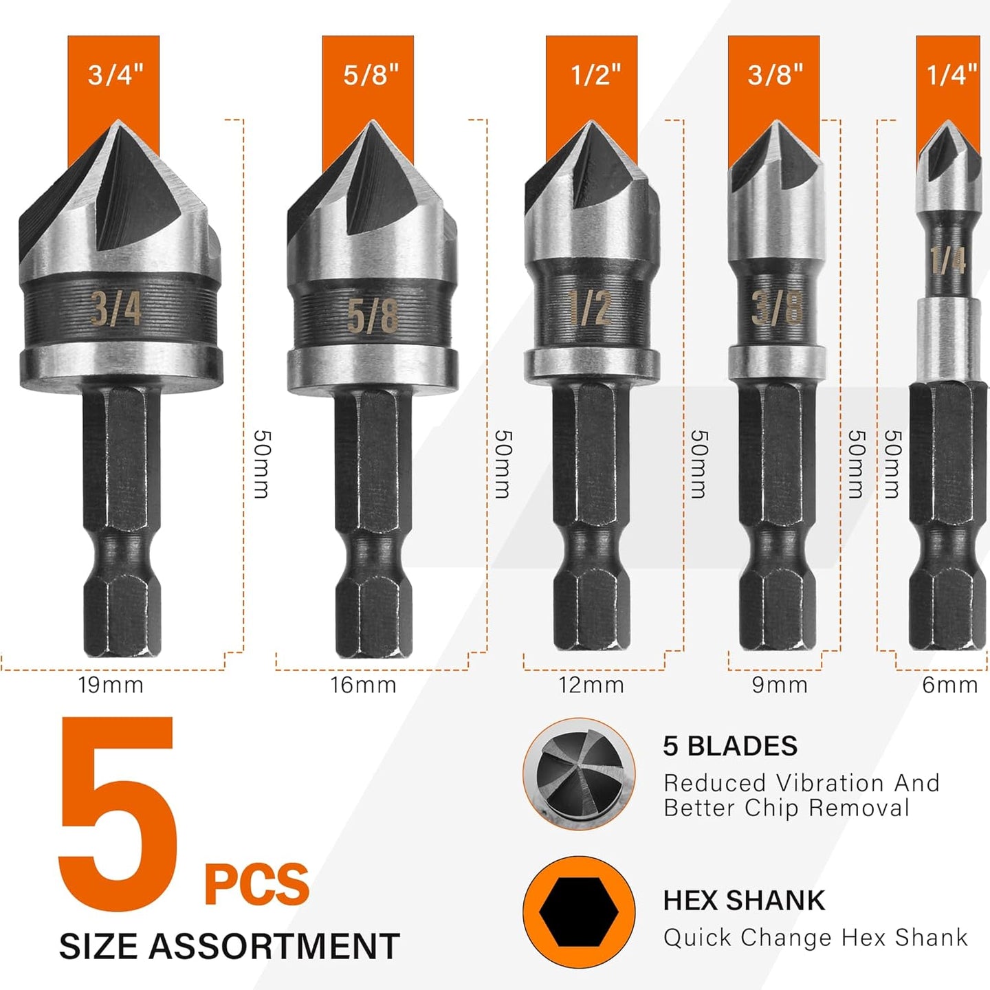 5PCS Countersink Drill Bit Set, High Speed Steel Countersink Bits, 82 Degree 5 Flute Pieces, 1/4 Inch Hex Shank, Fit for Sink Holes into Metals, Wood, Plywood, Plastic with Aluminum Case