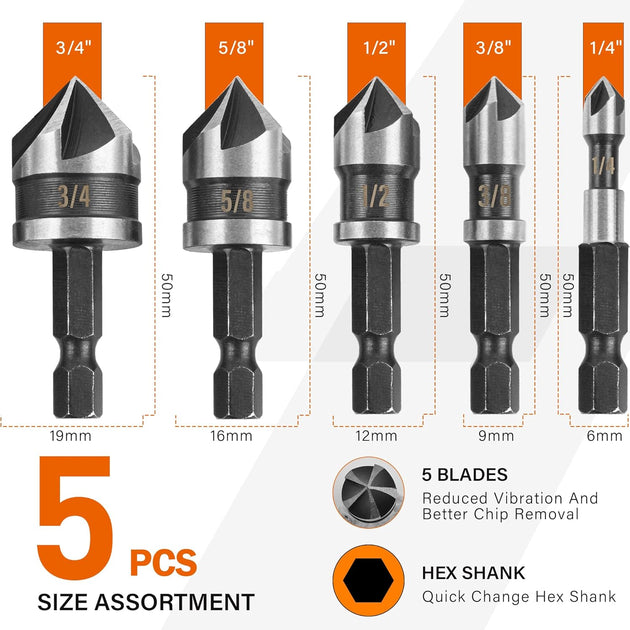 5PCS Countersink Drill Bit Set, High Speed Steel Countersink Bits, 82 Degree 5 Flute Pieces, 1/4 Inch Hex Shank, Fit for Sink Holes into Metals, Wood, Plywood, Plastic with Aluminum Case