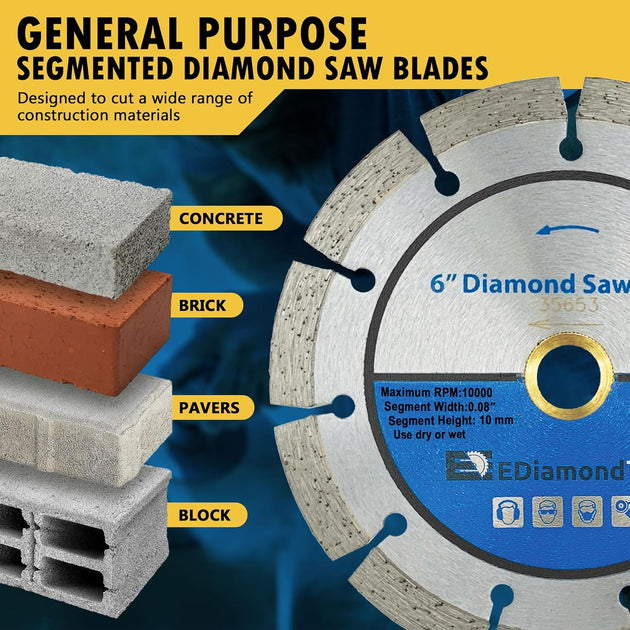 6" Segmented Diamond Saw Blade for Concrete, Brick, Block and Masonry, 10Mm Segment Height, 7/8"-5/8" Arbor